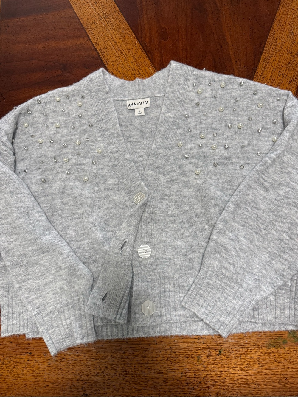 Ava & Viv Gray Pearl Rhinestone Embellished Cardigan 1X
